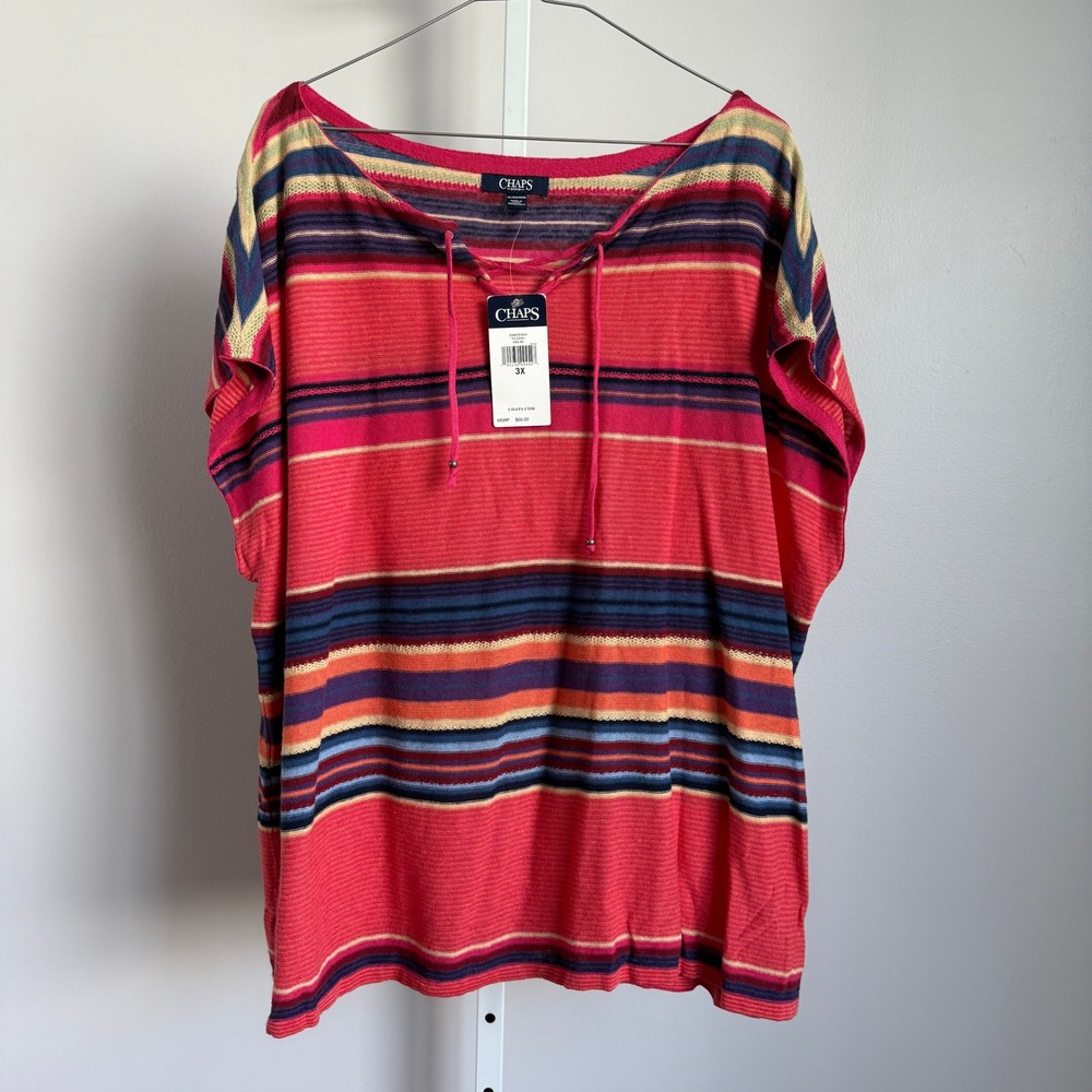 Chaps Linen Cotton Boho Beachy Relaxed Striped Knit Lace-Up Tunic 3X Pink‎ Multi
